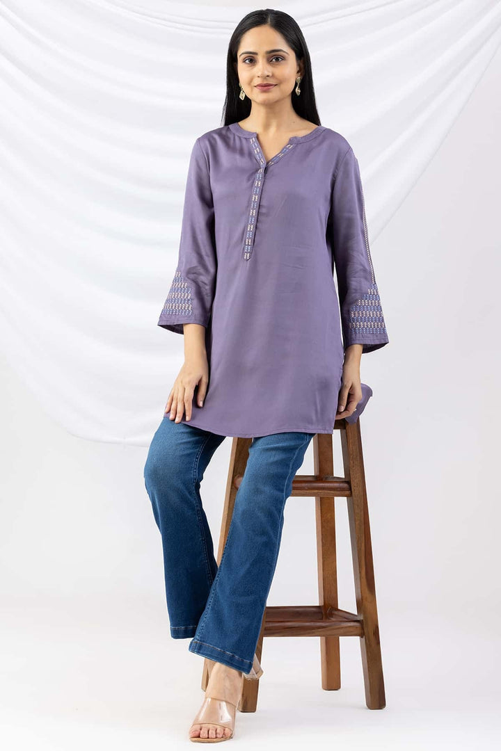 Mauve Modal Tunic with Round Neck &amp; 3/4 Sleeves