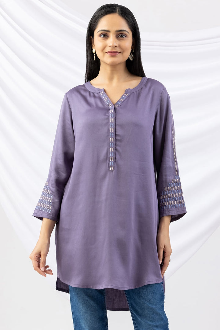 Mauve Modal Tunic with Round Neck &amp; 3/4 Sleeves