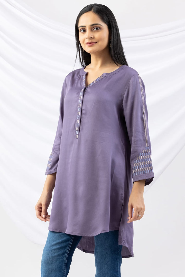 Mauve Modal Tunic with Round Neck &amp; 3/4 Sleeves