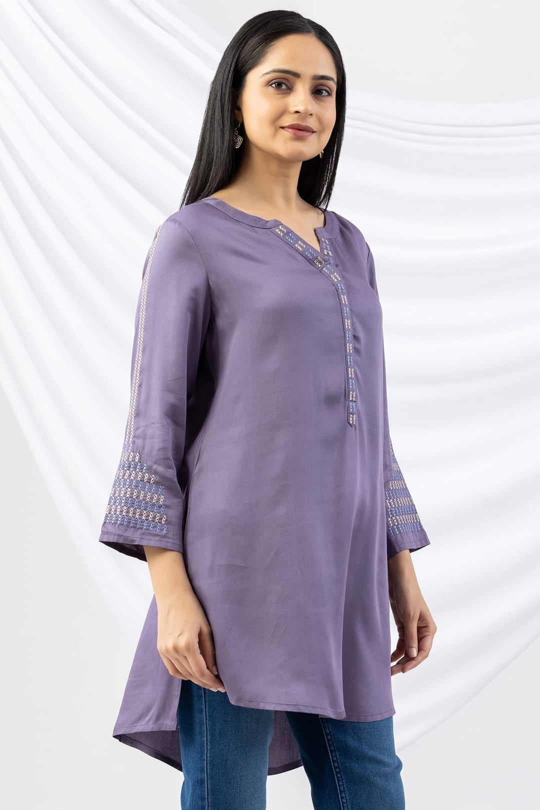Mauve Modal Tunic with Round Neck &amp; 3/4 Sleeves