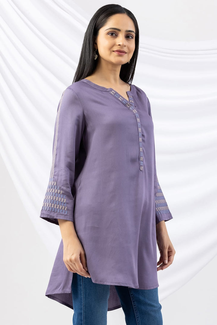 Mauve Modal Tunic with Round Neck &amp; 3/4 Sleeves
