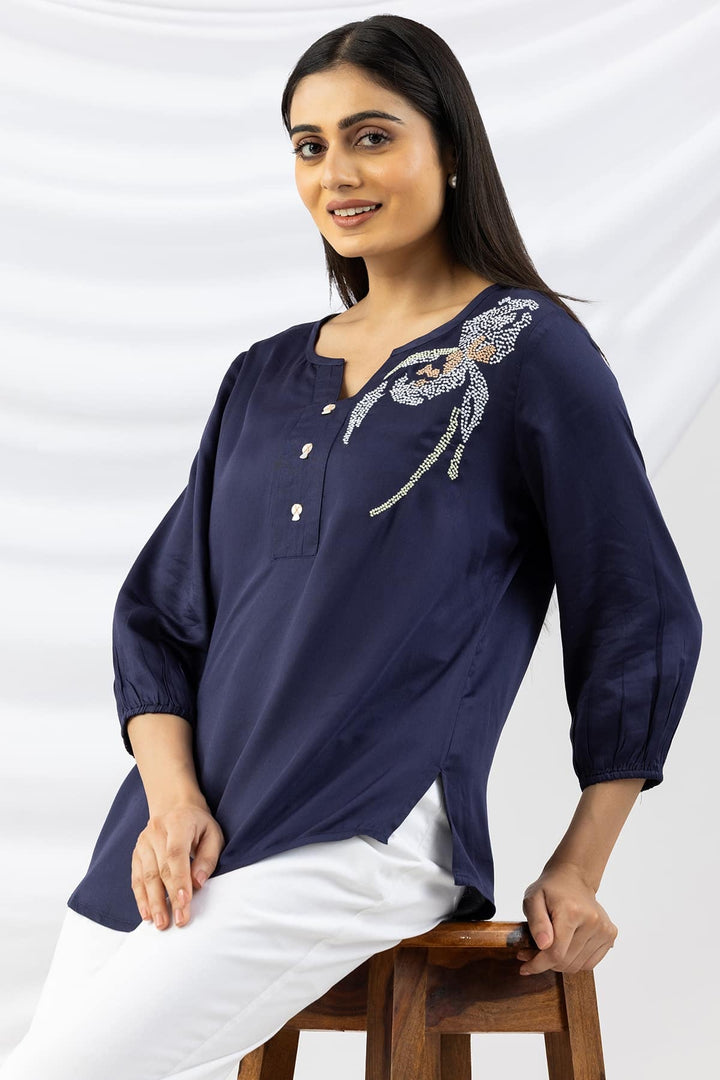 Navy Blue Embroidered Modal Top with Round Neck and 3/4th Sleeves