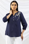 Navy Blue Embroidered Modal Top with Round Neck and 3/4th Sleeves