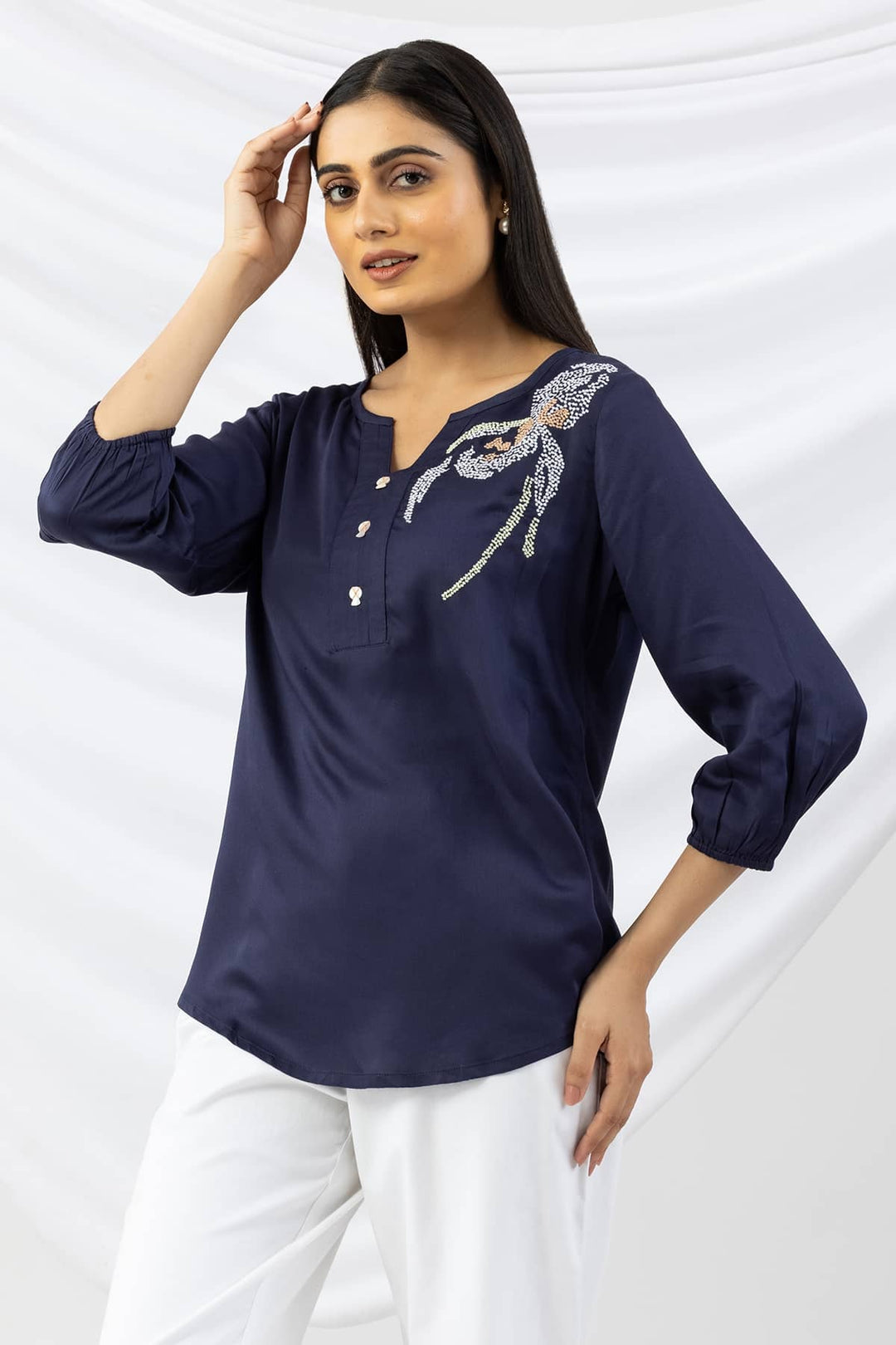 Navy Blue Embroidered Modal Top with Round Neck and 3/4th Sleeves