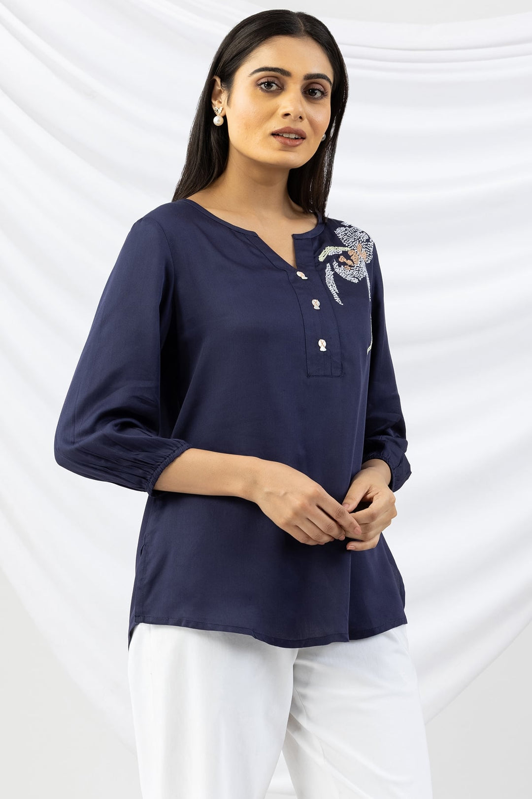 Navy Blue Embroidered Modal Top with Round Neck and 3/4th Sleeves
