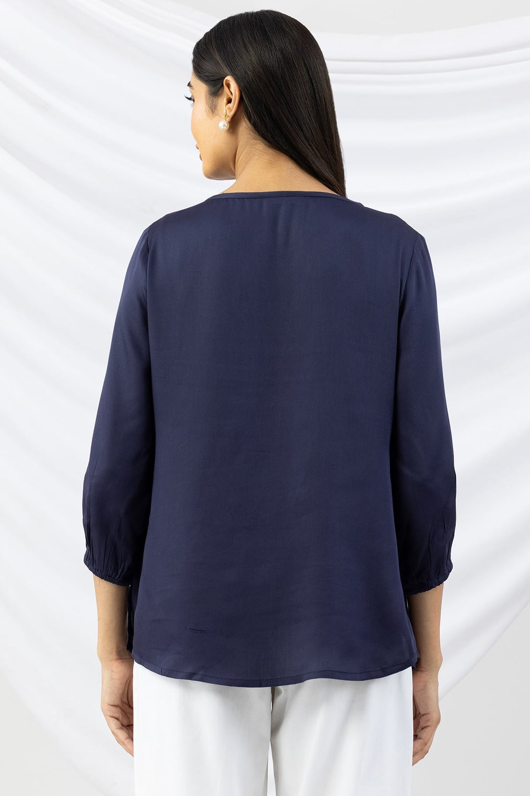 Navy Blue Embroidered Modal Top with Round Neck and 3/4th Sleeves