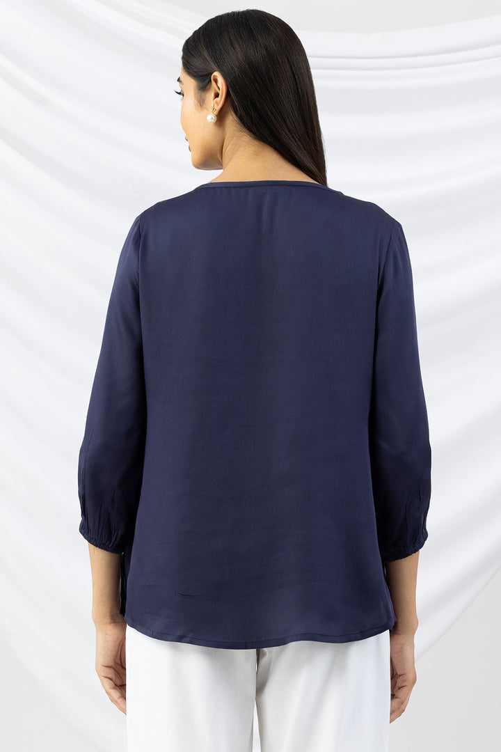 Navy Blue Embroidered Modal Top with Round Neck and 3/4th Sleeves