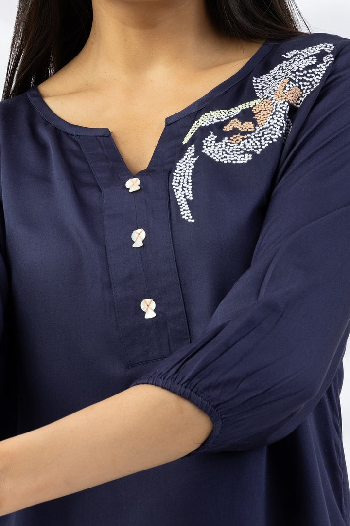 Navy Blue Embroidered Modal Top with Round Neck and 3/4th Sleeves