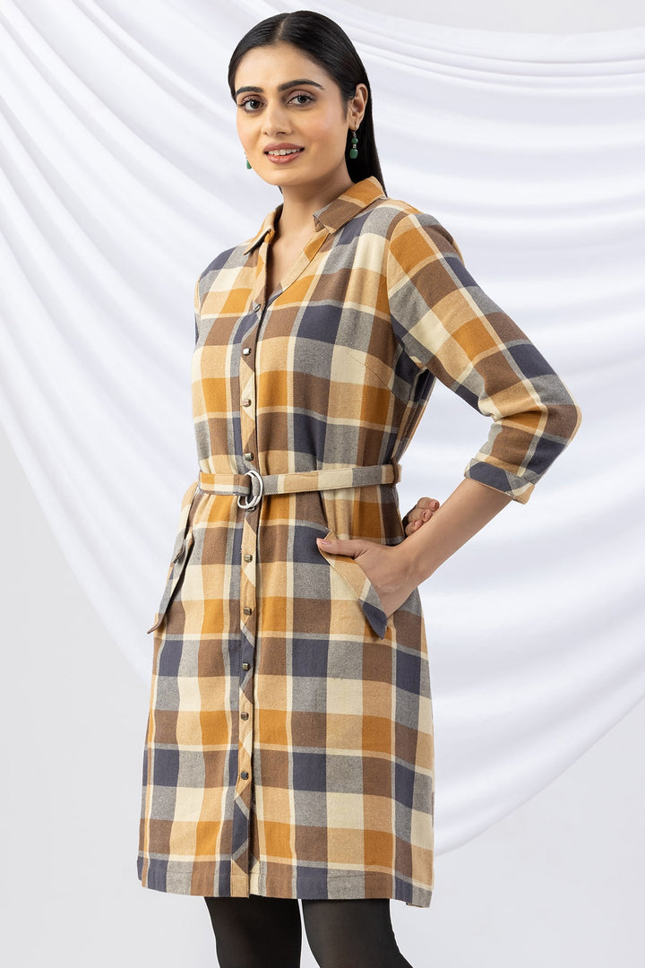Checked Yellow Brush Rayon Twill Winter Tunic