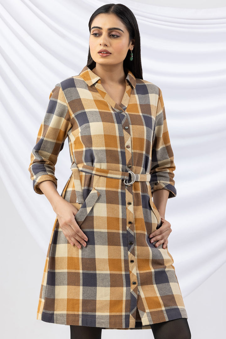 Checked Yellow Brush Rayon Twill Winter Tunic