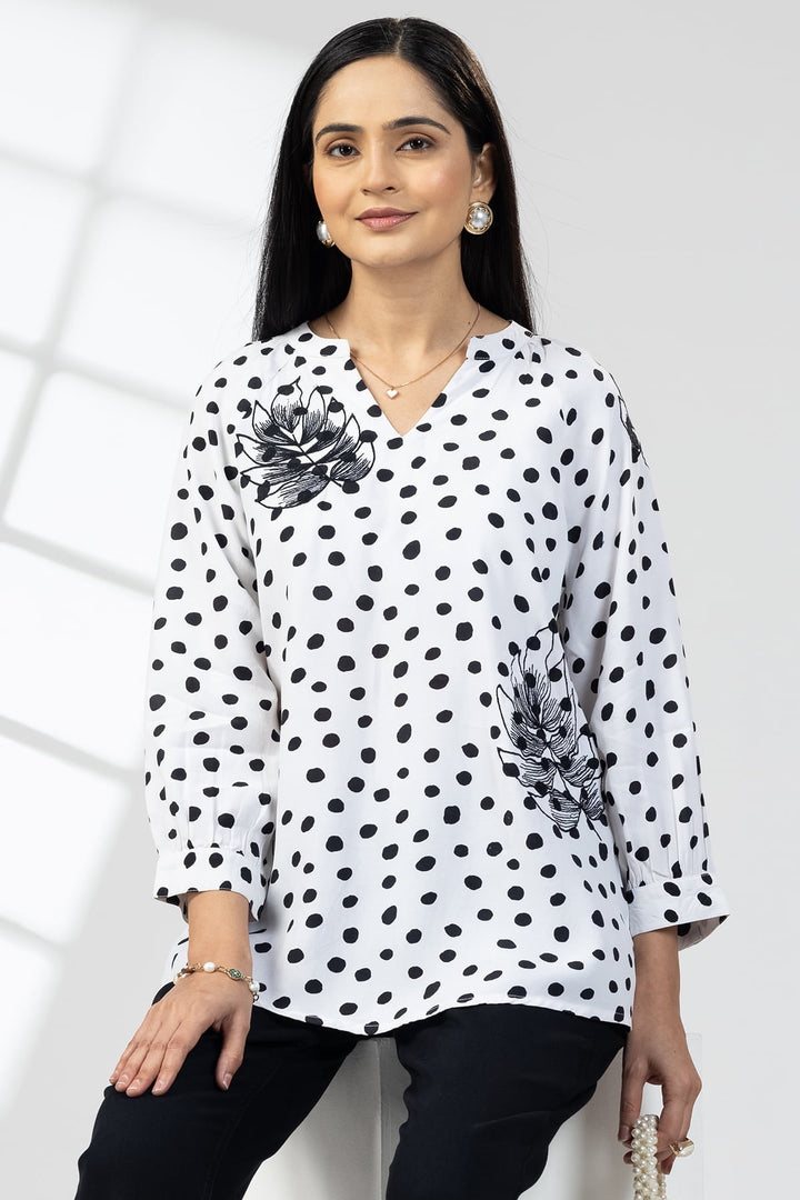 White Embroidered Viscose Top with Mandarin Collar