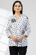 White Embroidered Viscose Top with Mandarin Collar
