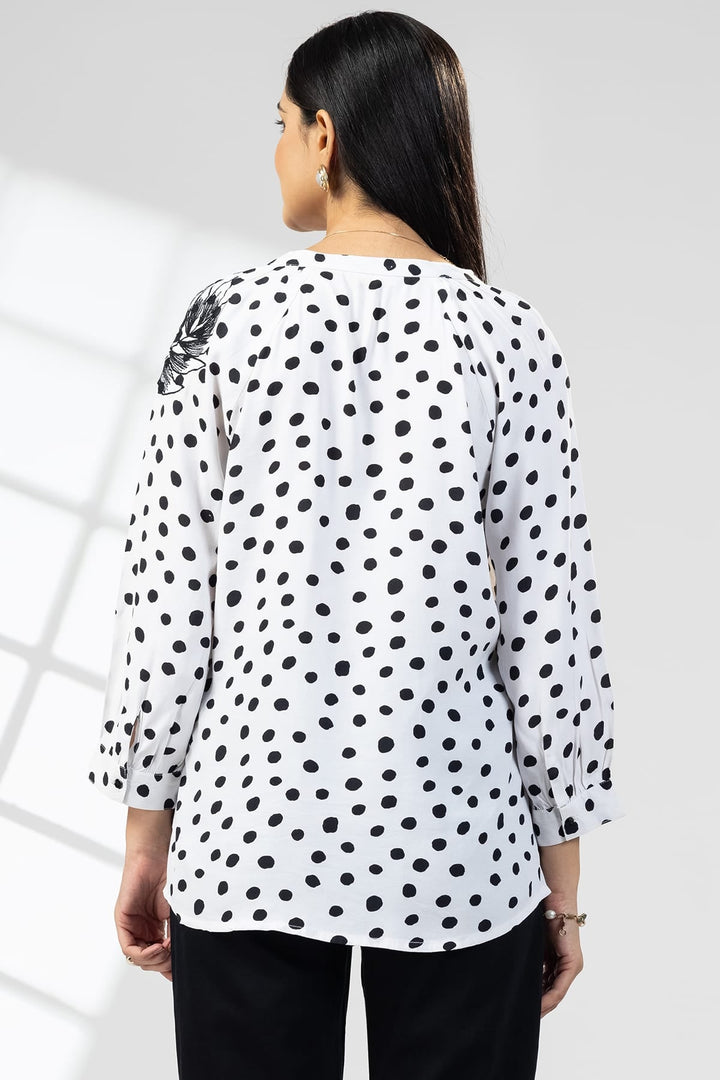 White Embroidered Viscose Top with Mandarin Collar