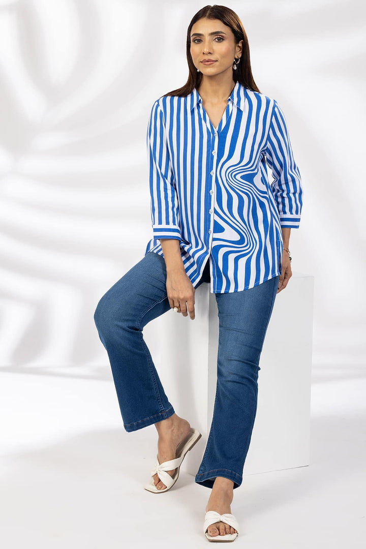 Blue Striped Viscose Collared Shirt with 3/4th Sleeves