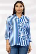 Blue Striped Viscose Collared Shirt with 3/4th Sleeves