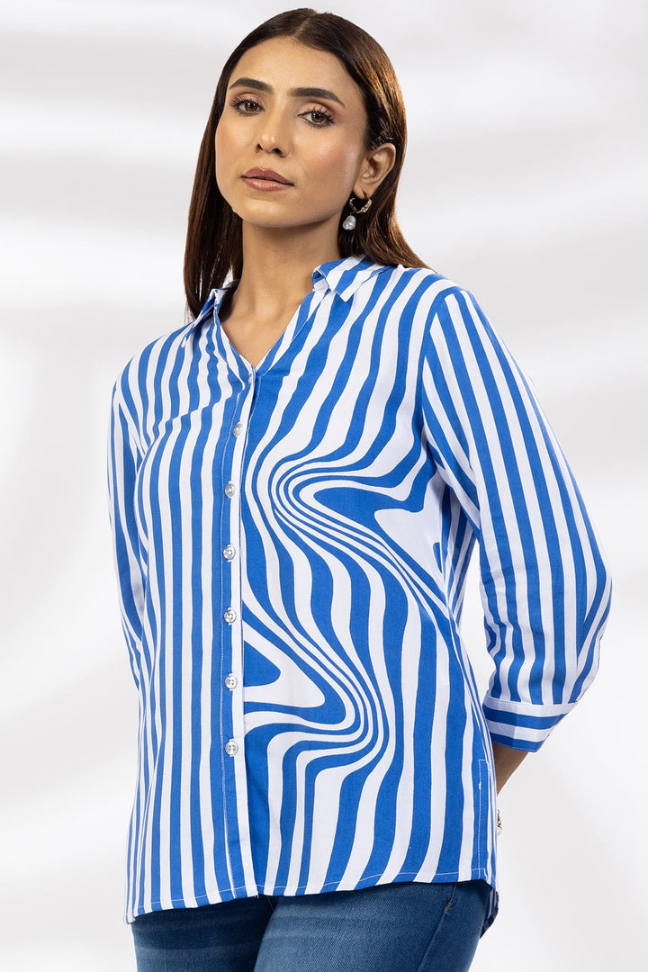 Blue Striped Viscose Collared Shirt with 3/4th Sleeves