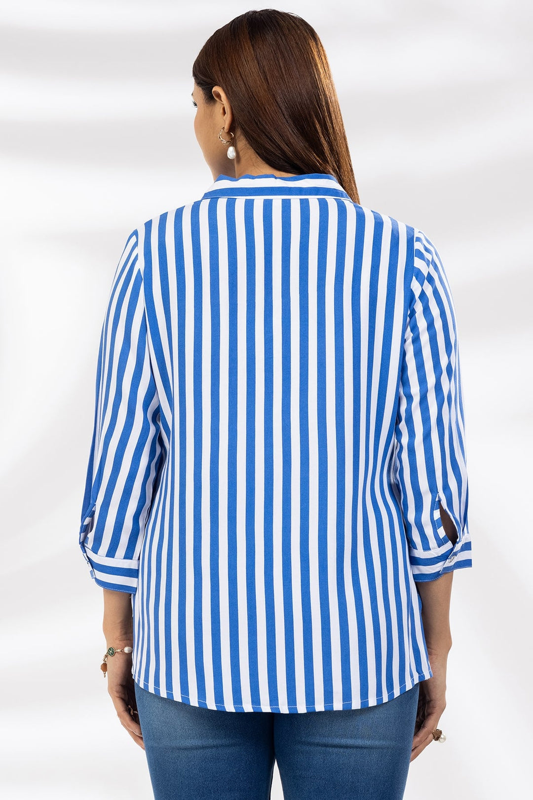 Blue Striped Viscose Collared Shirt with 3/4th Sleeves