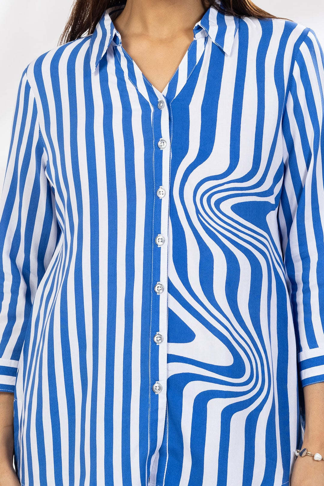 Blue Striped Viscose Collared Shirt with 3/4th Sleeves