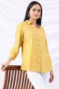 Yellow Viscose Twill Embroidered Shirt with Collar & 3/4 Sleeves
