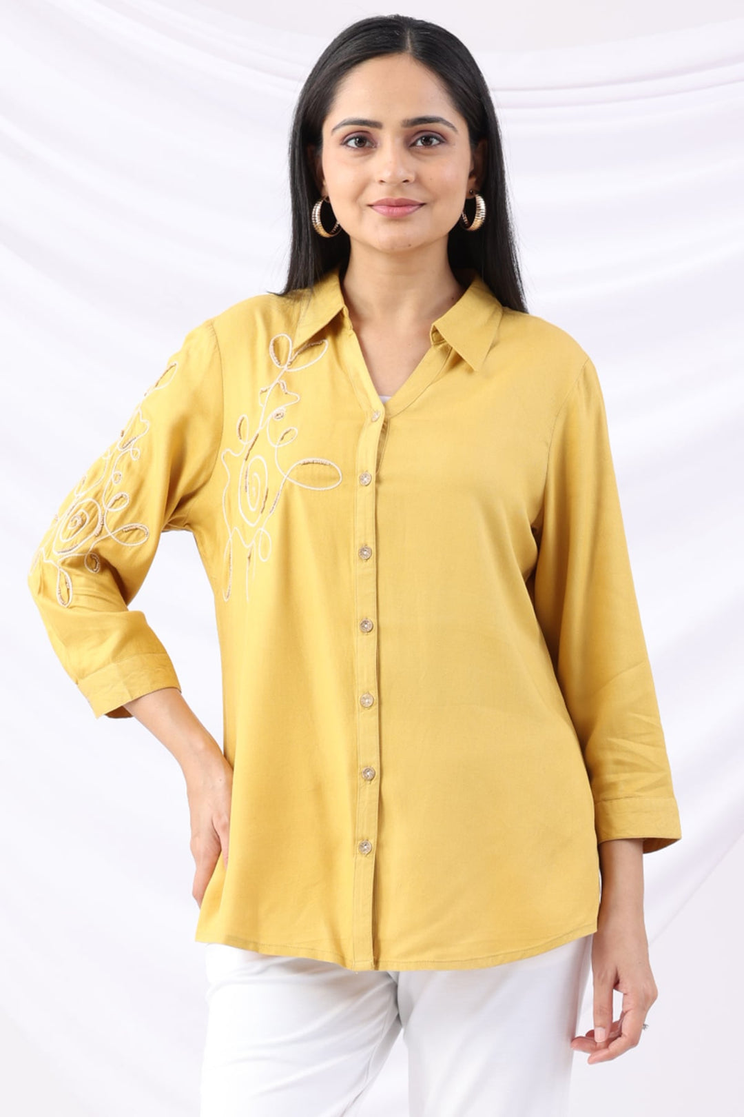 Yellow Viscose Twill Embroidered Shirt with Collar &amp; 3/4 Sleeves