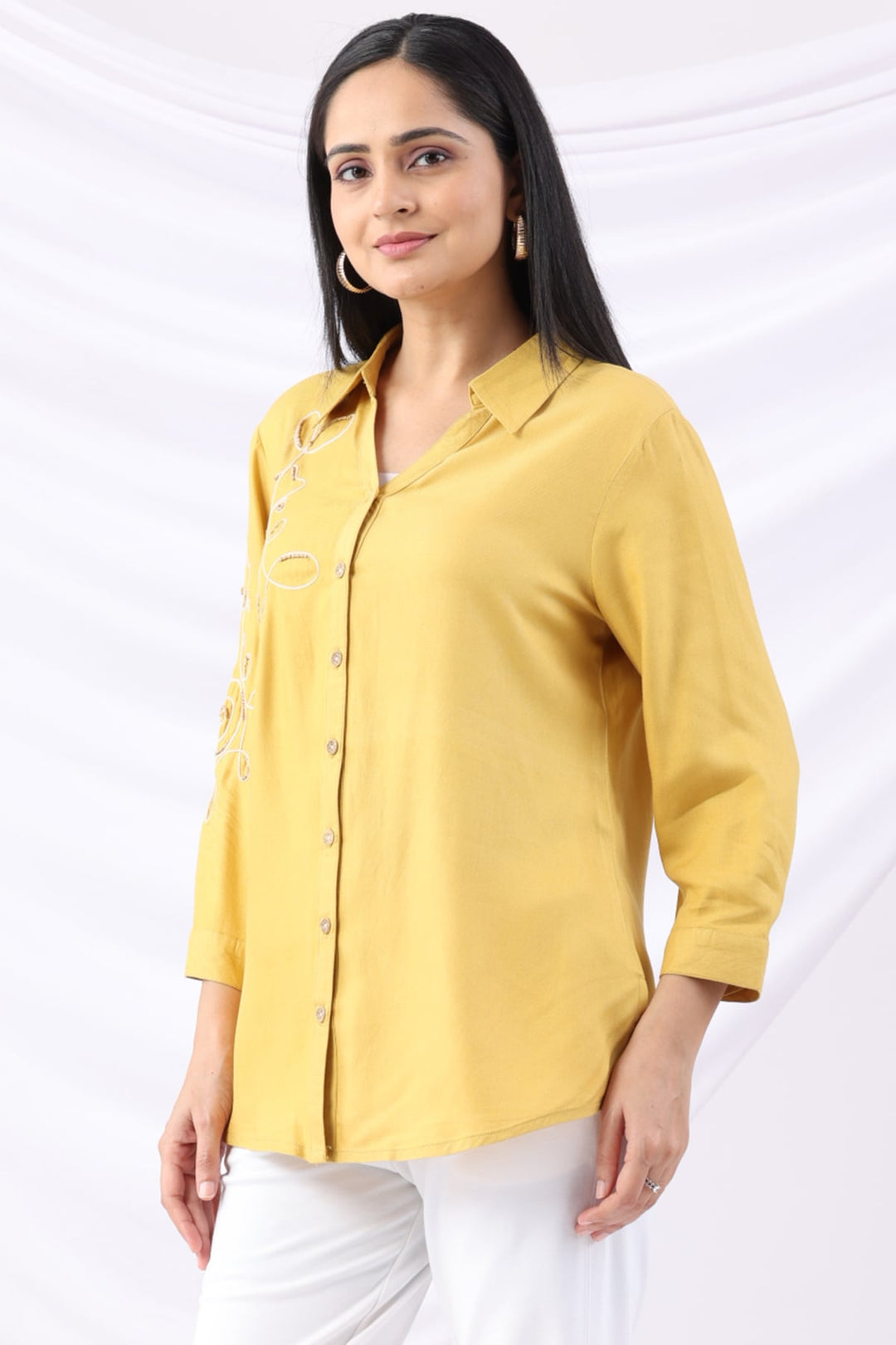 Yellow Viscose Twill Embroidered Shirt with Collar &amp; 3/4 Sleeves