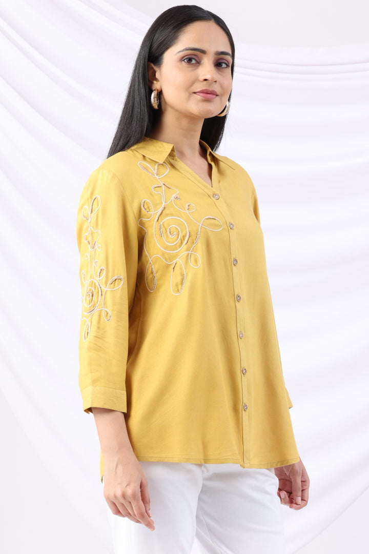 Yellow Viscose Twill Embroidered Shirt with Collar &amp; 3/4 Sleeves