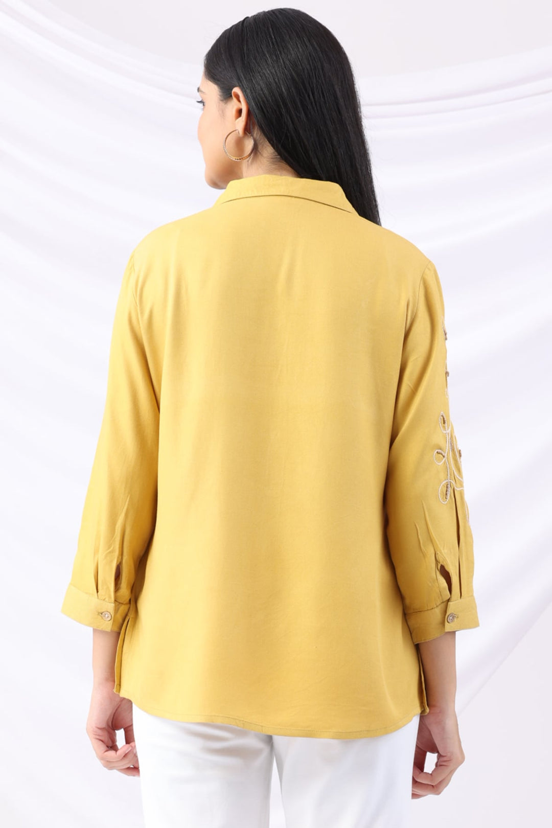 Yellow Viscose Twill Embroidered Shirt with Collar &amp; 3/4 Sleeves