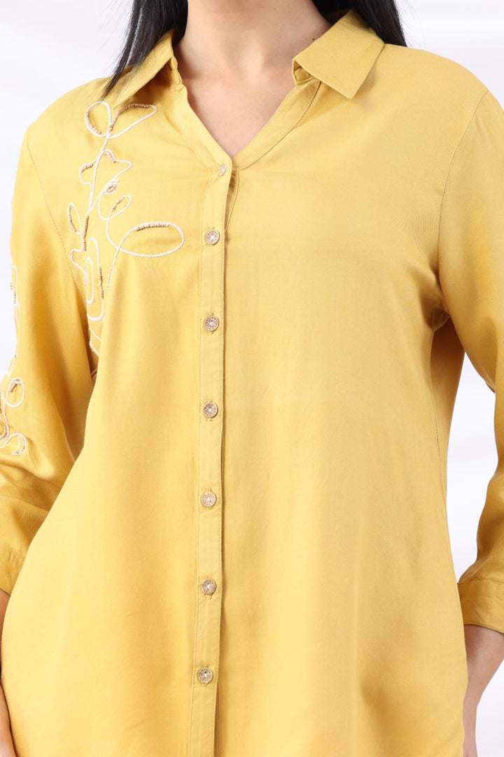 Yellow Viscose Twill Embroidered Shirt with Collar &amp; 3/4 Sleeves