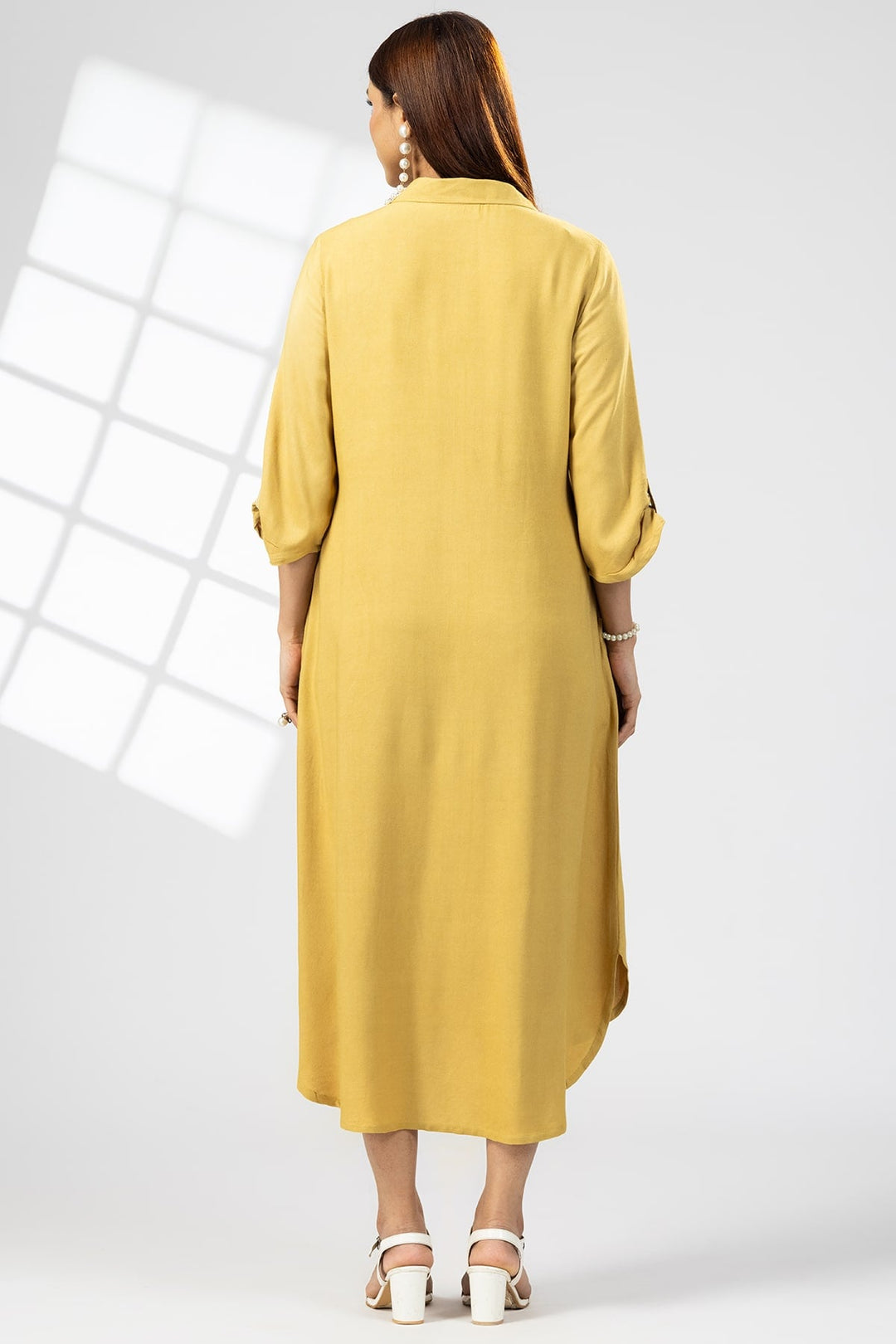Mustard Yellow Dress with Collared Neck &amp; 3/4th Sleeves