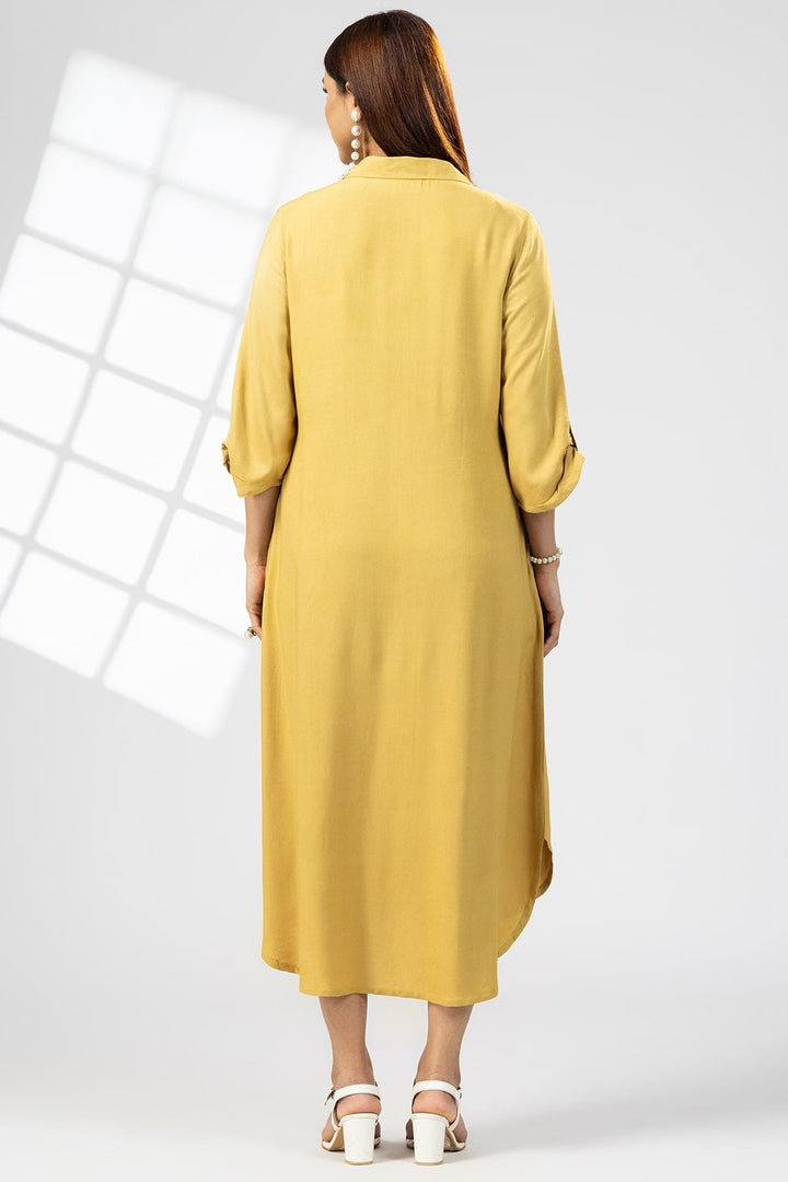Mustard Yellow Dress with Collared Neck &amp; 3/4th Sleeves