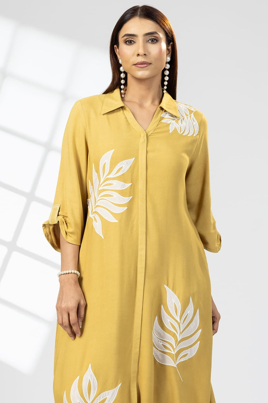 Mustard Yellow Dress with Collared Neck &amp; 3/4th Sleeves