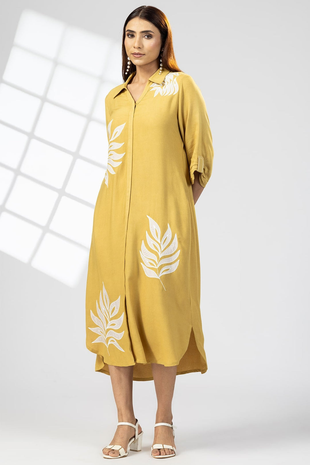 Mustard Yellow Dress with Collared Neck &amp; 3/4th Sleeves
