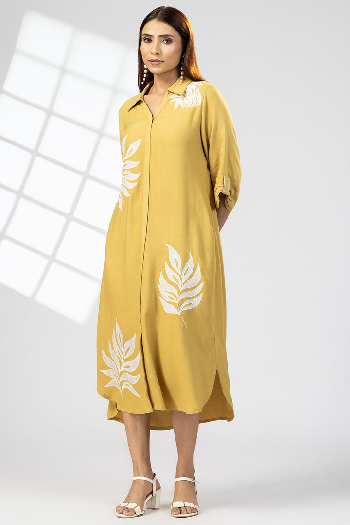 Mustard Yellow Dress with Collared Neck &amp; 3/4th Sleeves