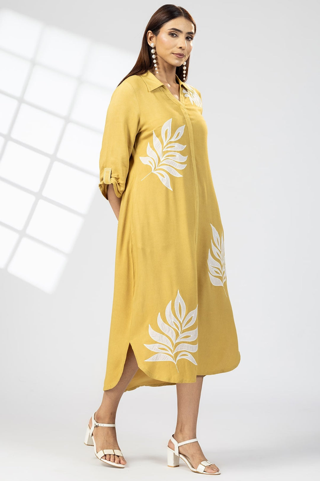 Mustard Yellow Dress with Collared Neck &amp; 3/4th Sleeves
