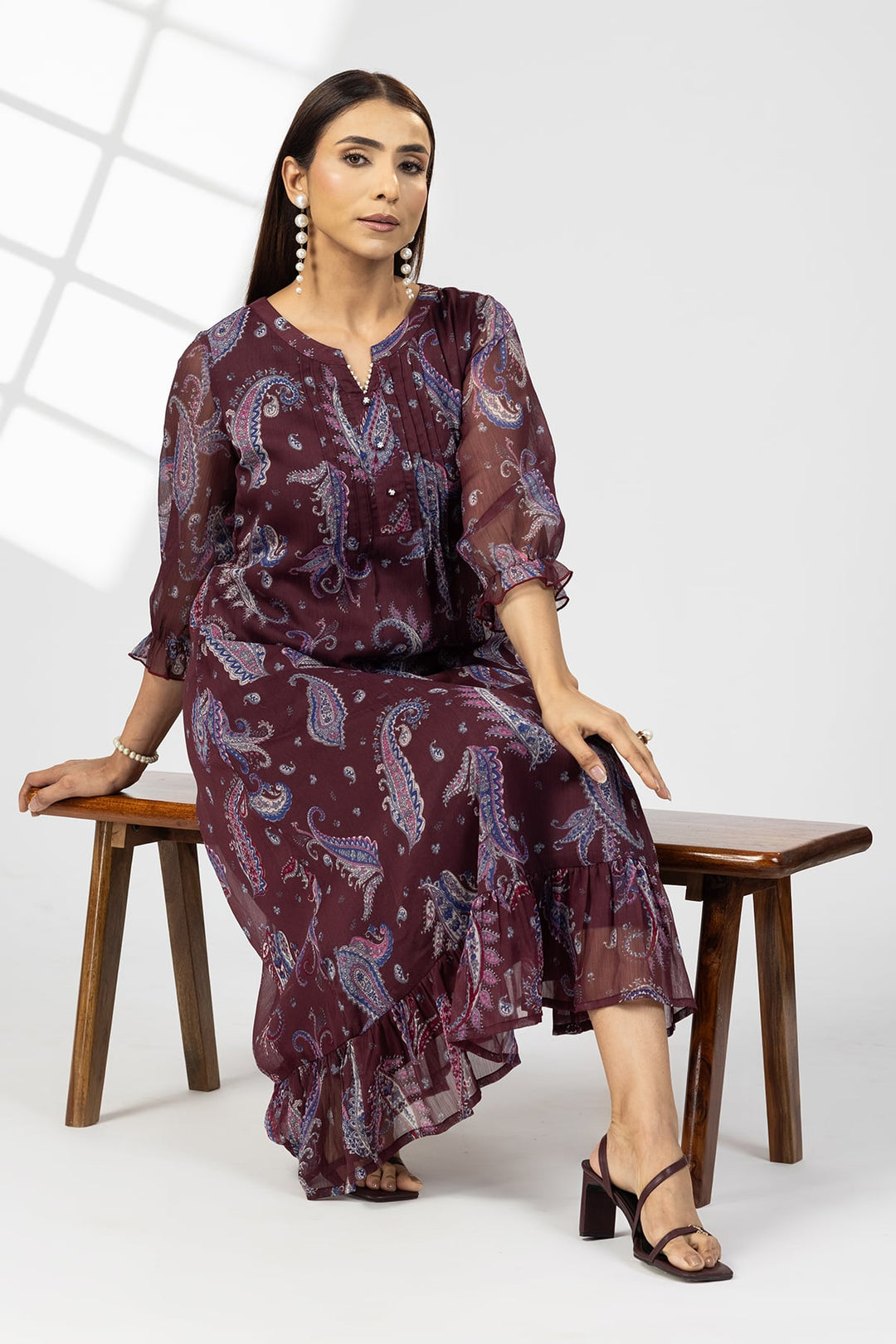 Maroon Chiffon Pintuck Dress with 3/4th Sleeves