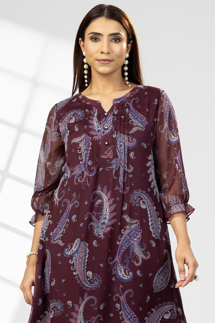 Maroon Chiffon Pintuck Dress with 3/4th Sleeves