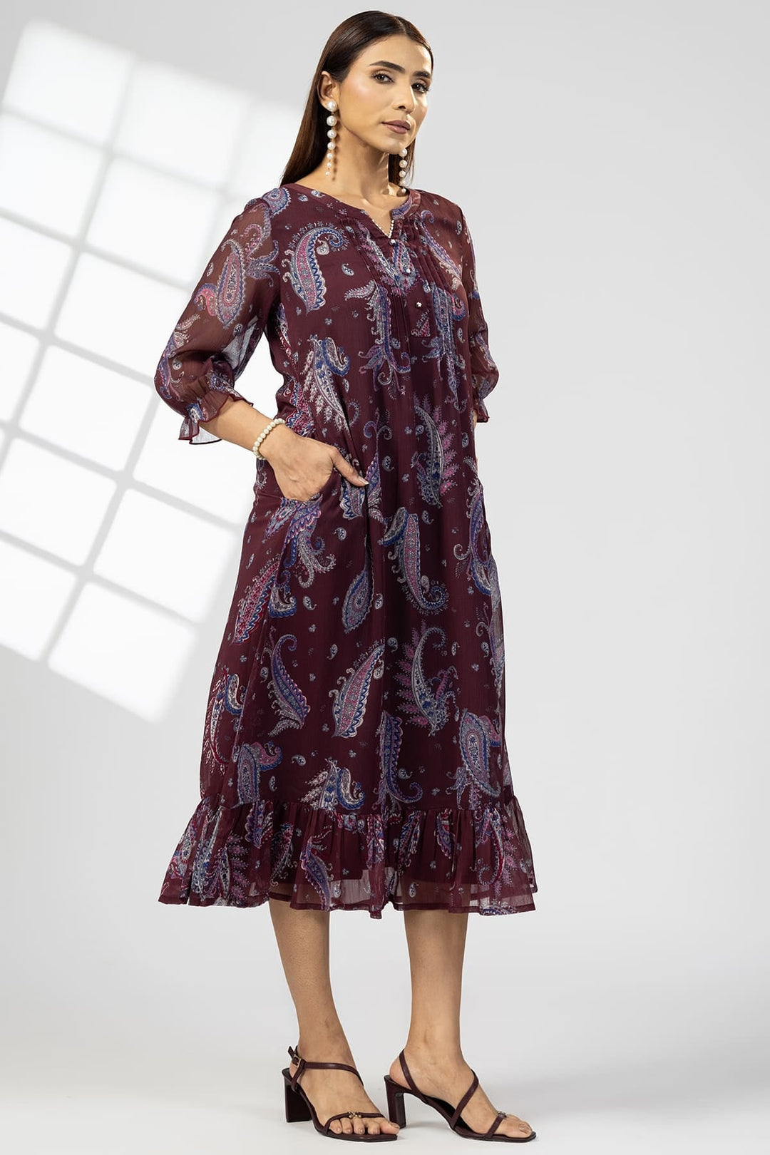 Maroon Chiffon Pintuck Dress with 3/4th Sleeves