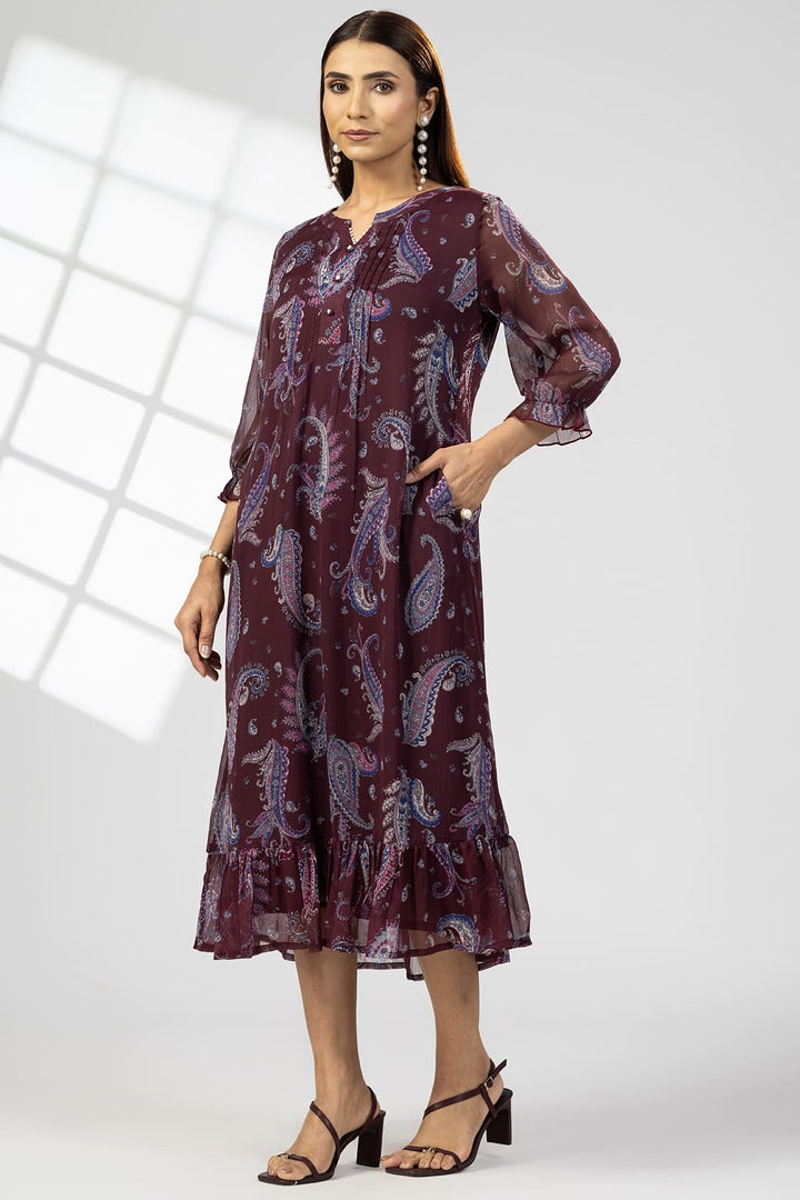 Maroon Chiffon Pintuck Dress with 3/4th Sleeves