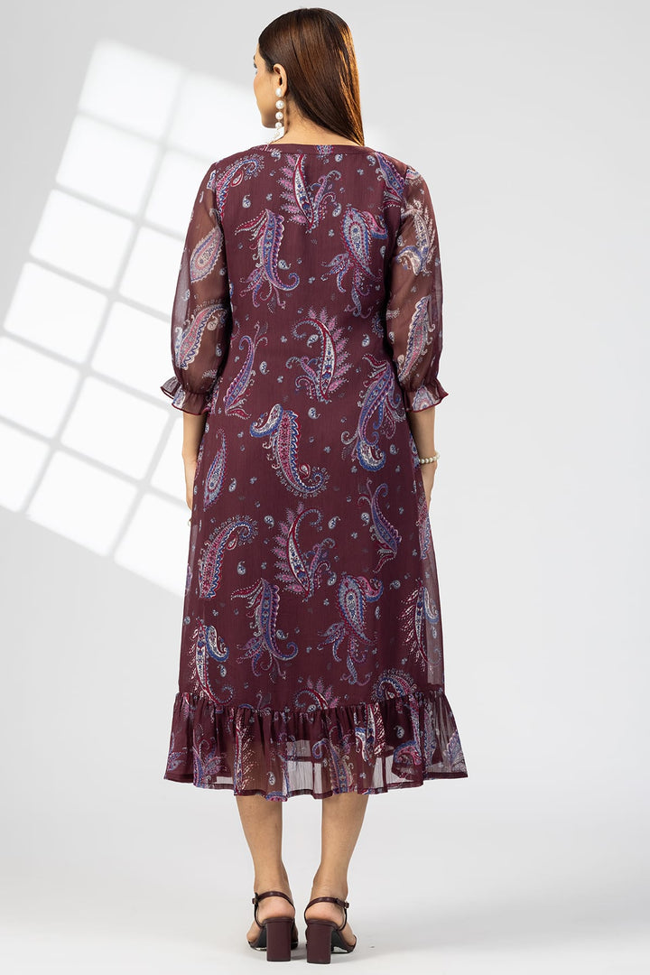 Maroon Chiffon Pintuck Dress with 3/4th Sleeves