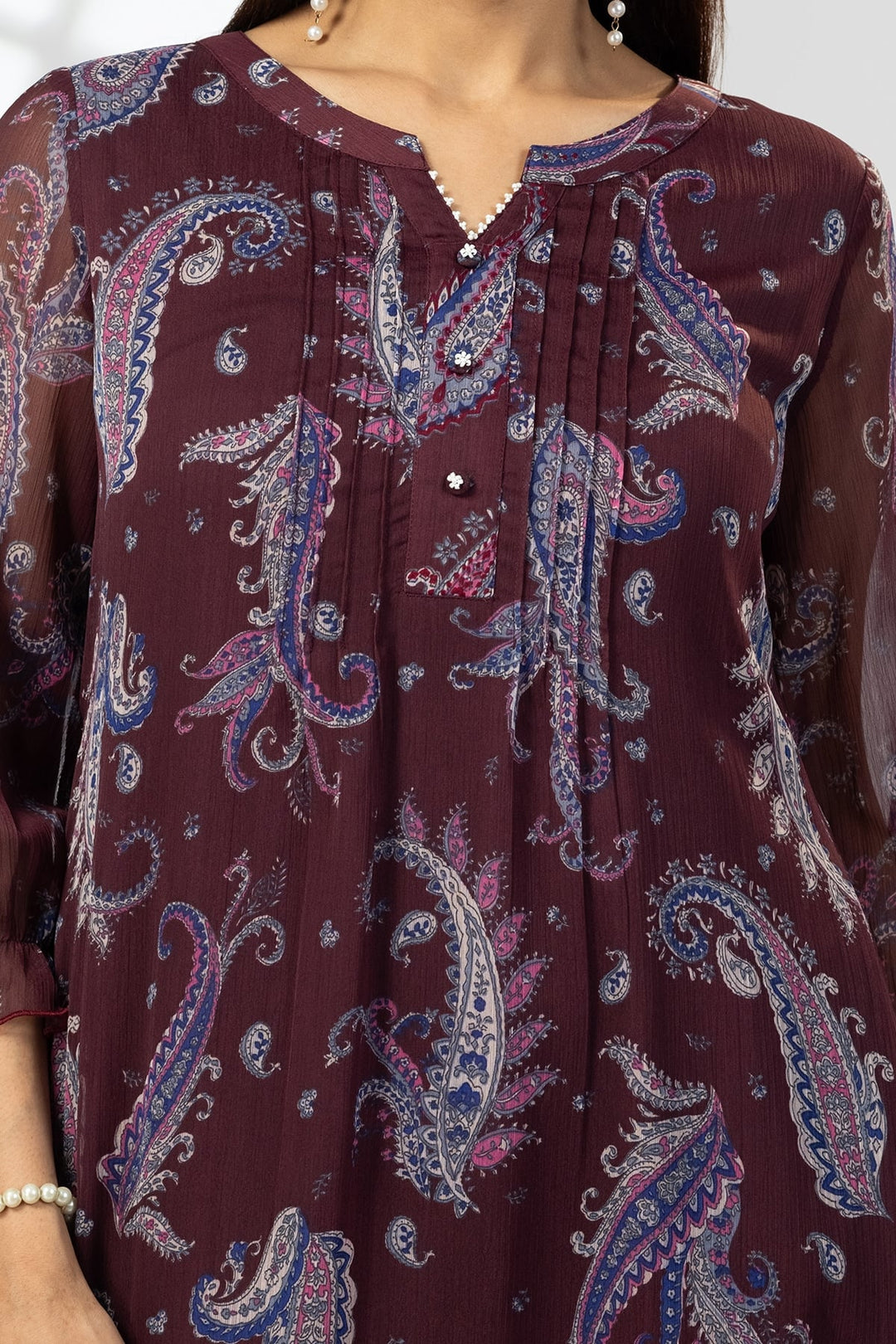 Maroon Chiffon Pintuck Dress with 3/4th Sleeves