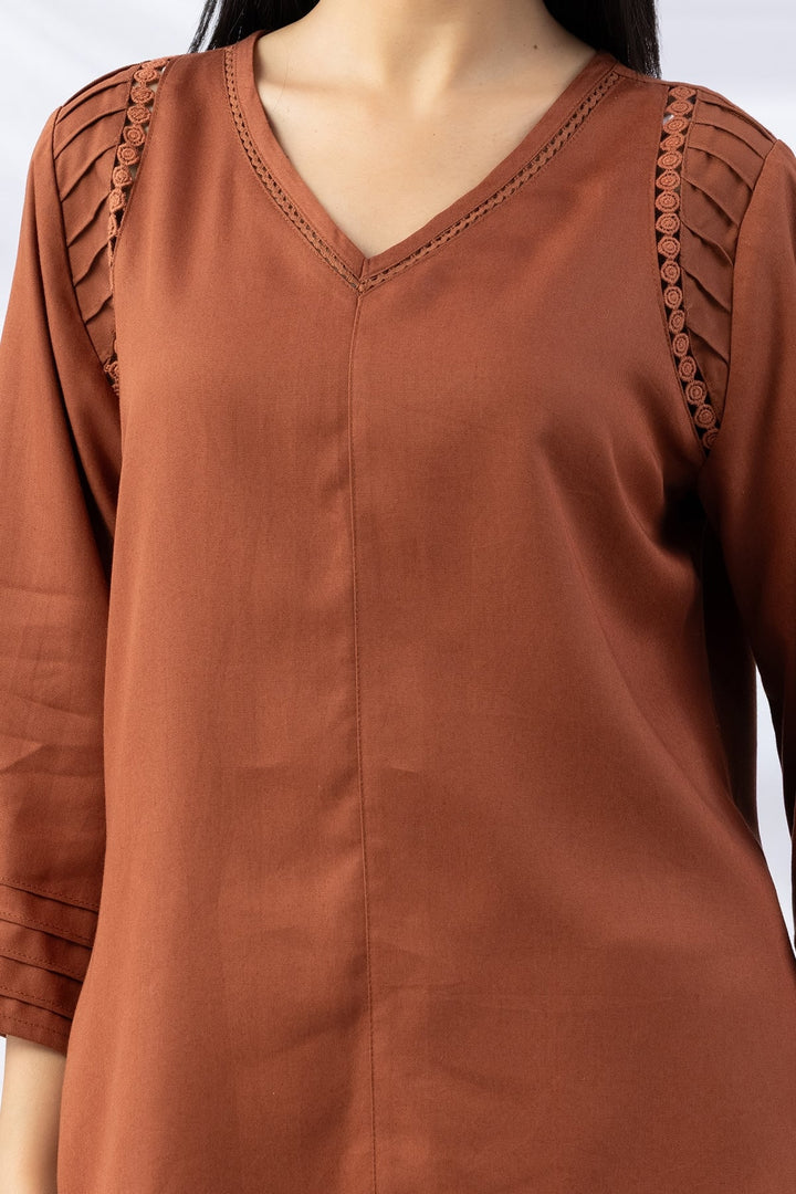 Brown V-Neck Pintuck Winter Top