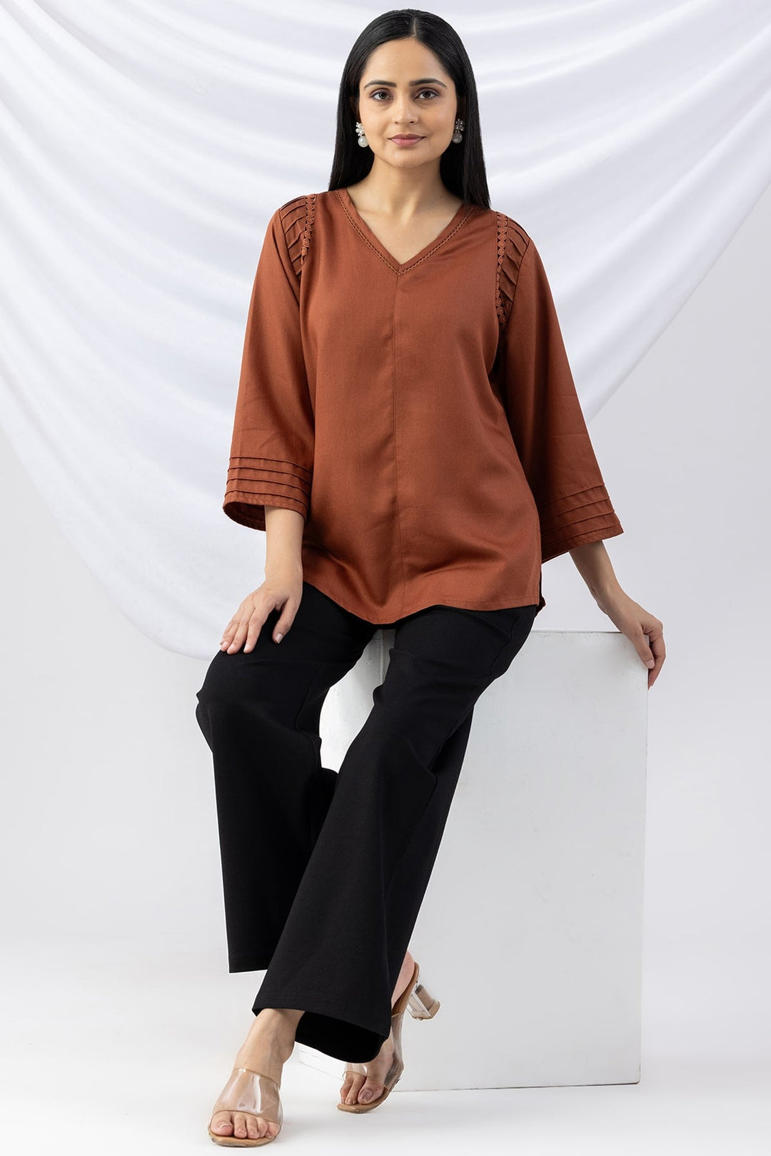 Brown V-Neck Pintuck Winter Top
