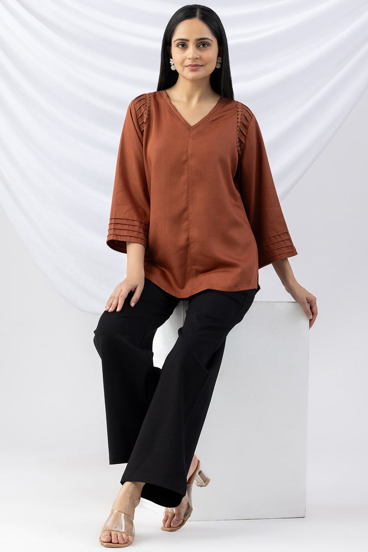 Brown V-Neck Pintuck Winter Top