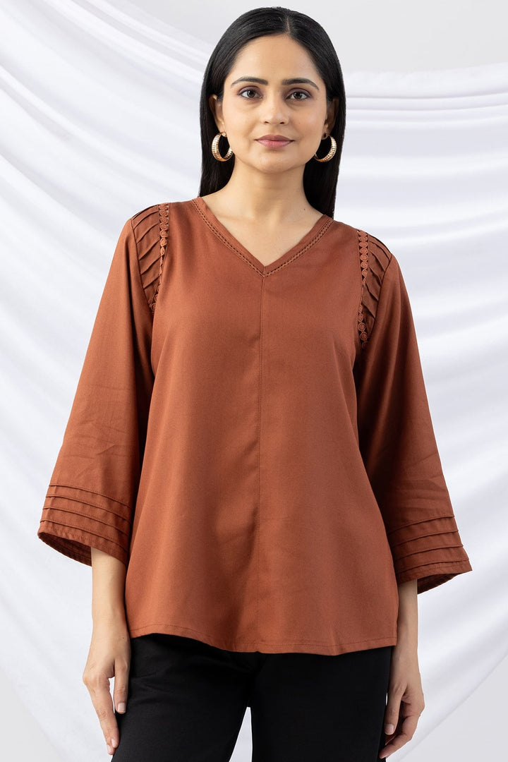 Brown V-Neck Pintuck Winter Top