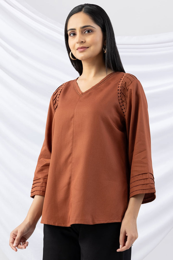 Brown V-Neck Pintuck Winter Top