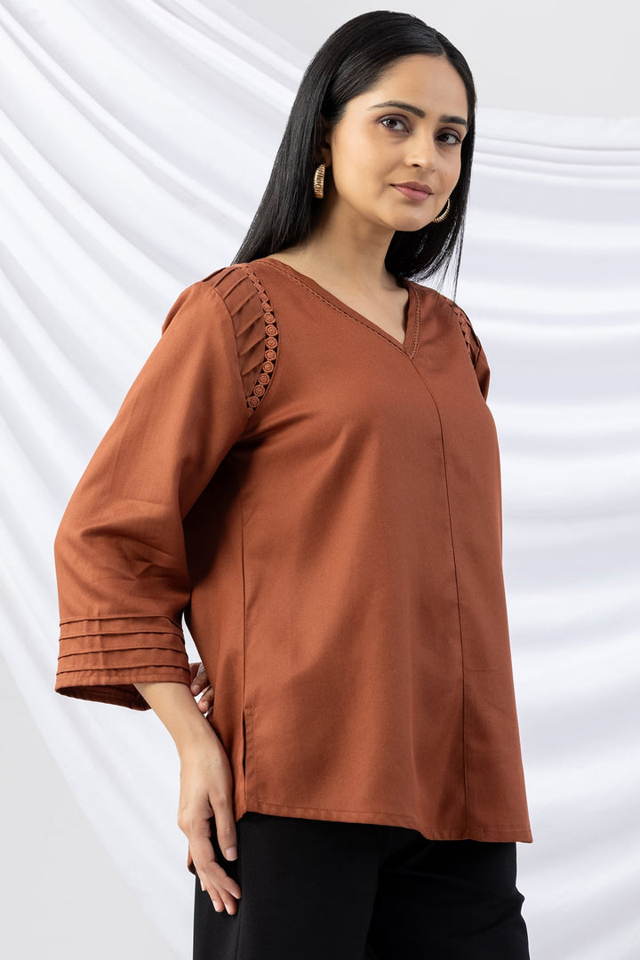 Brown V-Neck Pintuck Winter Top