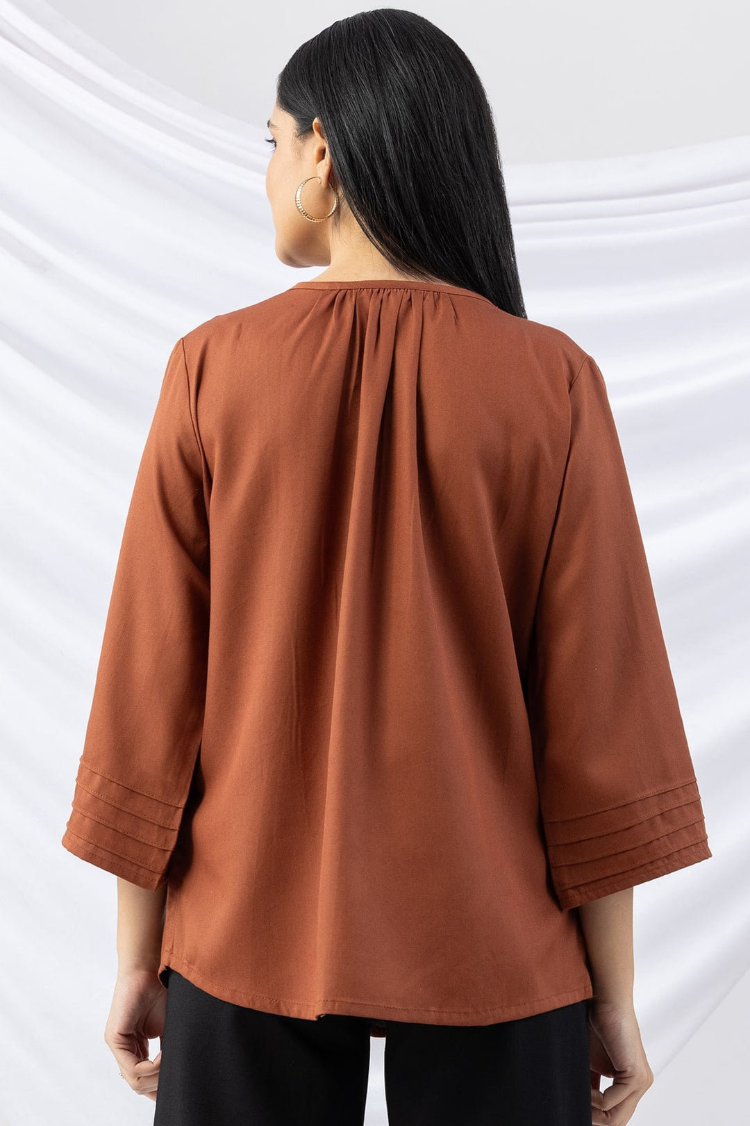 Brown V-Neck Pintuck Winter Top