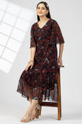 Brown Chiffon Print Dress with V-Neck & Flared Sleeves