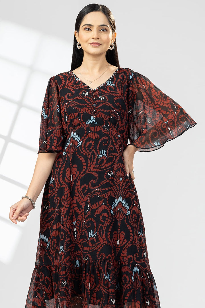 Brown Chiffon Print Dress with V-Neck &amp; Flared Sleeves