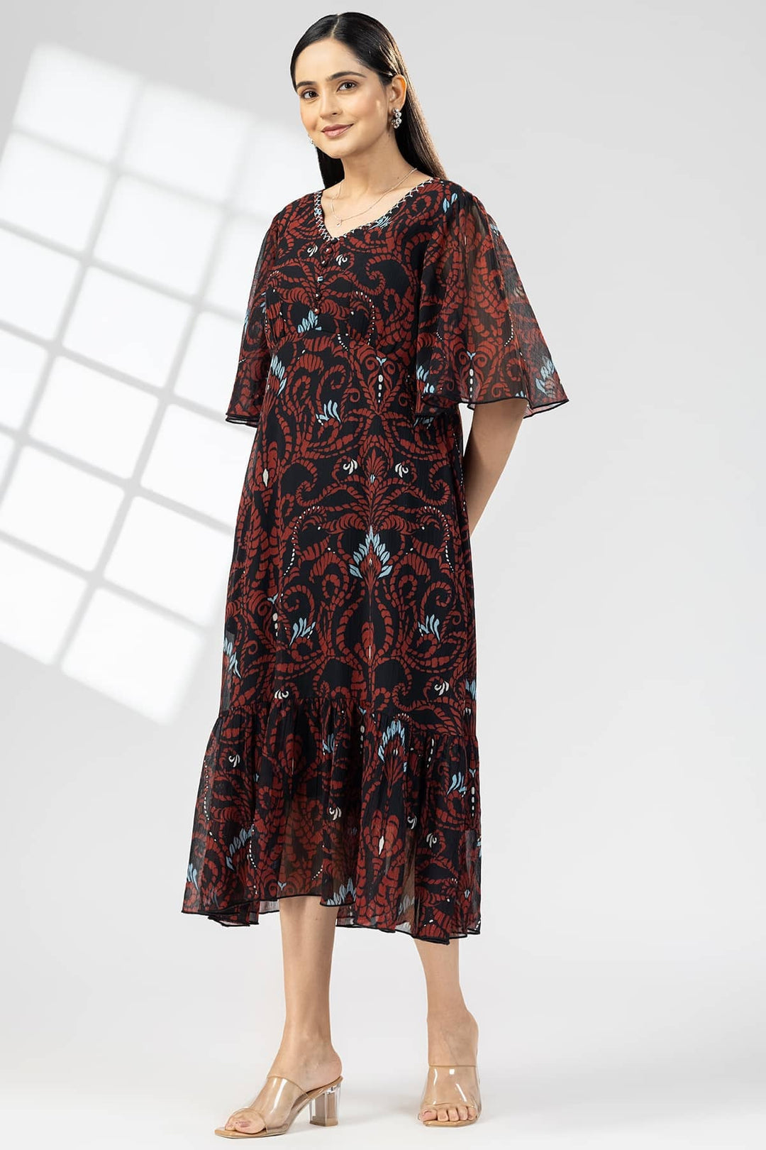 Brown Chiffon Print Dress with V-Neck &amp; Flared Sleeves